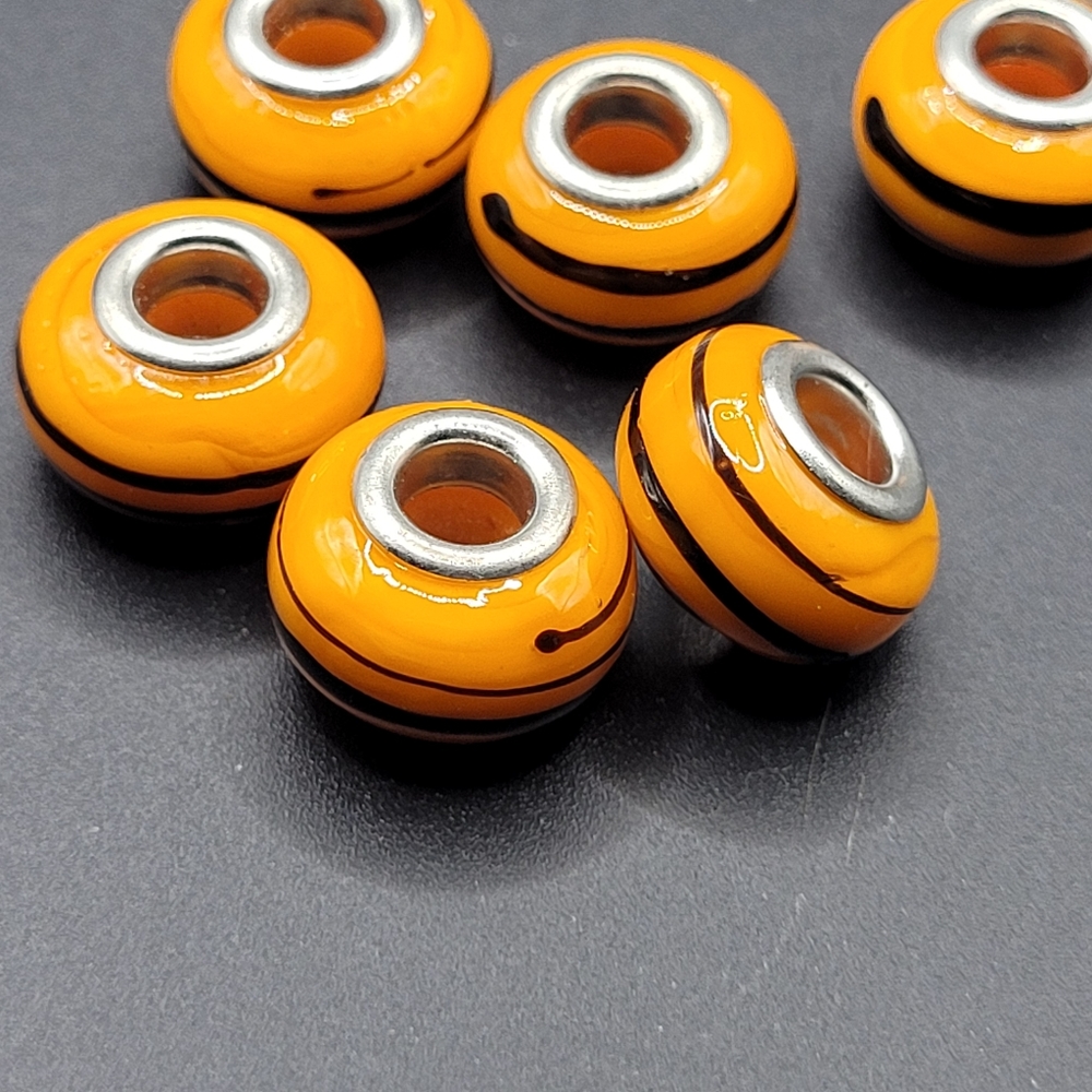 NEW- 5 pc Orange and Black Murano Glass Large Hole European Beads